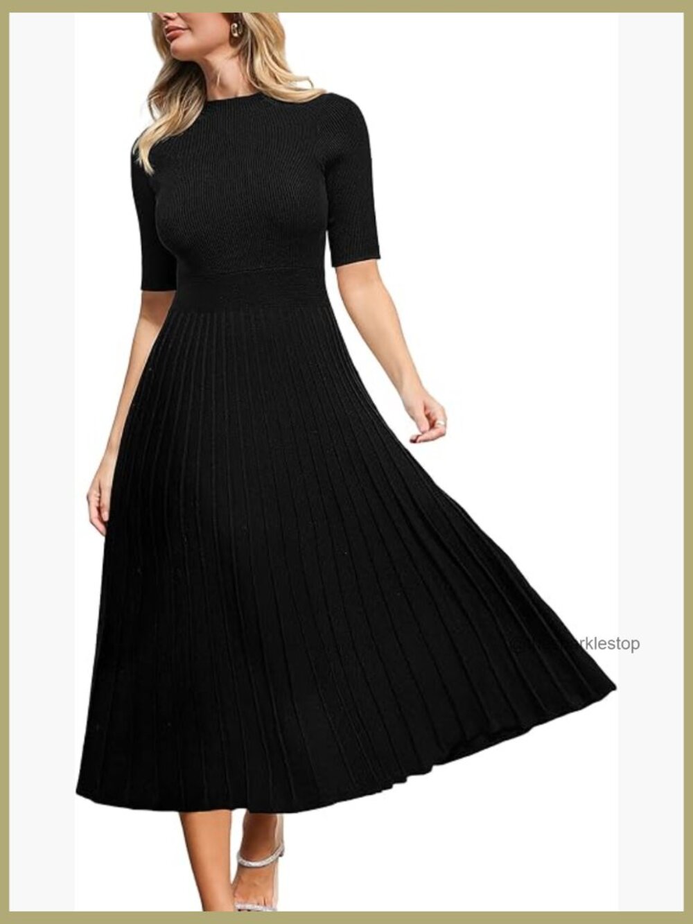 Round Neck Half Sleeve Ribbed Knit Pleated A Line Fitted Midi Pullover Sweater